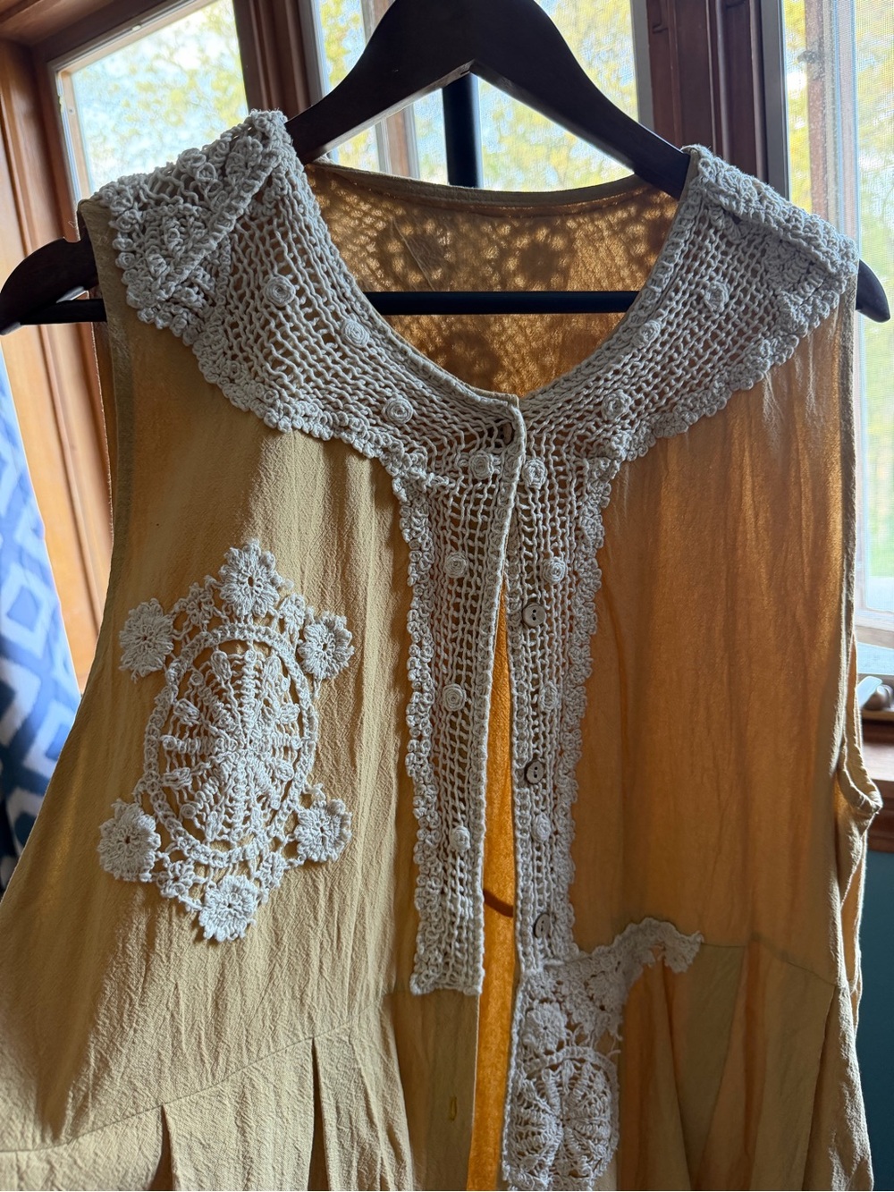 Handmade in Thailand Boho Crochet-Trim Sleeveless Top - Cream Trim on Mustard